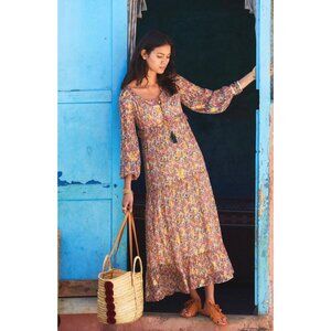 NWT Sezane silk Anna maxi dress Cottage Paisley golden green pink SZ36 US4Bust36